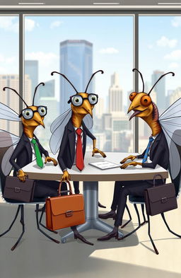 A humorous and imaginative depiction of business-themed mosquitoes dressed in suits and ties, carrying briefcases, and sitting around a conference table