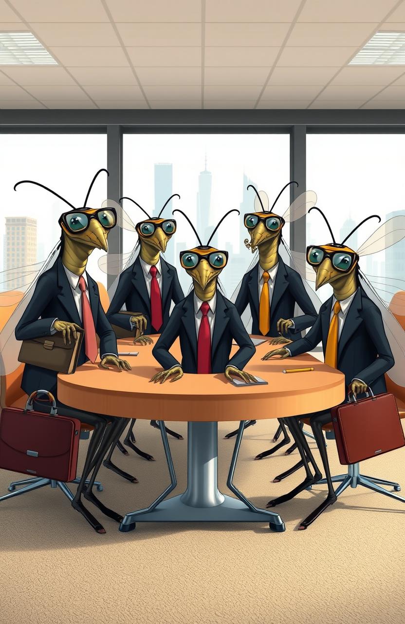 A humorous and imaginative depiction of business-themed mosquitoes dressed in suits and ties, carrying briefcases, and sitting around a conference table