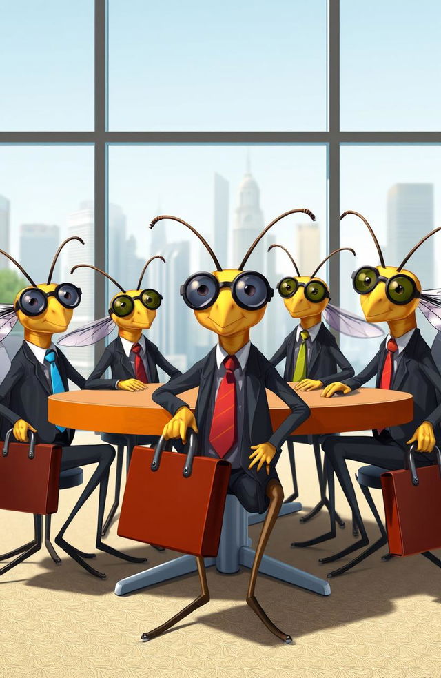 A humorous and imaginative depiction of business-themed mosquitoes dressed in suits and ties, carrying briefcases, and sitting around a conference table