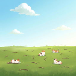 An illustrated pastoral setting showcasing a few charming cats lounging among small twigs scattered across a lush green field