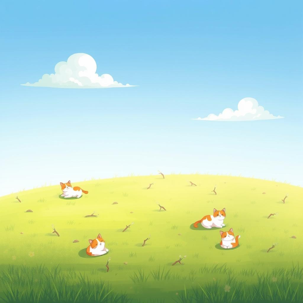 An illustrated pastoral setting showcasing a few charming cats lounging among small twigs scattered across a lush green field