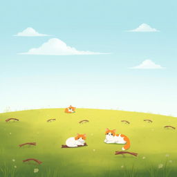 An illustrated pastoral setting showcasing a few charming cats lounging among small twigs scattered across a lush green field