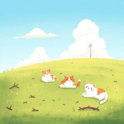 An illustrated pastoral setting showcasing a few charming cats lounging among small twigs scattered across a lush green field