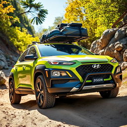 A dynamic off-road scene featuring a striking 2020 Lime Green Hyundai Kona, showcasing its rugged features with bold black wide-body fenders