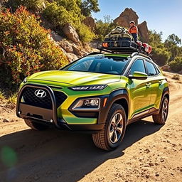 A dynamic off-road scene featuring a striking 2020 Lime Green Hyundai Kona, showcasing its rugged features with bold black wide-body fenders