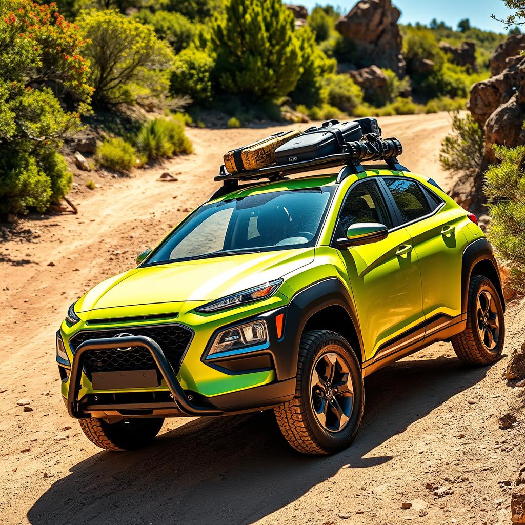 A dynamic off-road scene featuring a striking 2020 Lime Green Hyundai Kona, showcasing its rugged features with bold black wide-body fenders