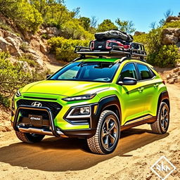 A dynamic off-road scene featuring a striking 2020 Lime Green Hyundai Kona, showcasing its rugged features with bold black wide-body fenders