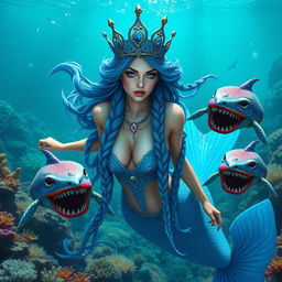 A stunning Nordic mermaid queen with a majestic blue crown and long, intricately braided blue hair, elegantly swimming in a vibrant underwater coral reef