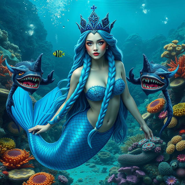 A stunning Nordic mermaid queen with a majestic blue crown and long, intricately braided blue hair, elegantly swimming in a vibrant underwater coral reef