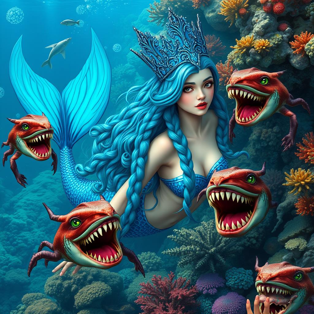 A stunning Nordic mermaid queen with a majestic blue crown and long, intricately braided blue hair, elegantly swimming in a vibrant underwater coral reef