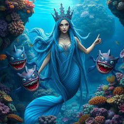 A stunning Nordic mermaid queen with a majestic blue crown and long, intricately braided blue hair, elegantly swimming in a vibrant underwater coral reef
