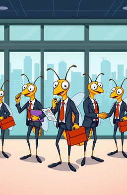 A vibrant and humorous illustration featuring a group of cartoon-style mosquitos dressed as business people