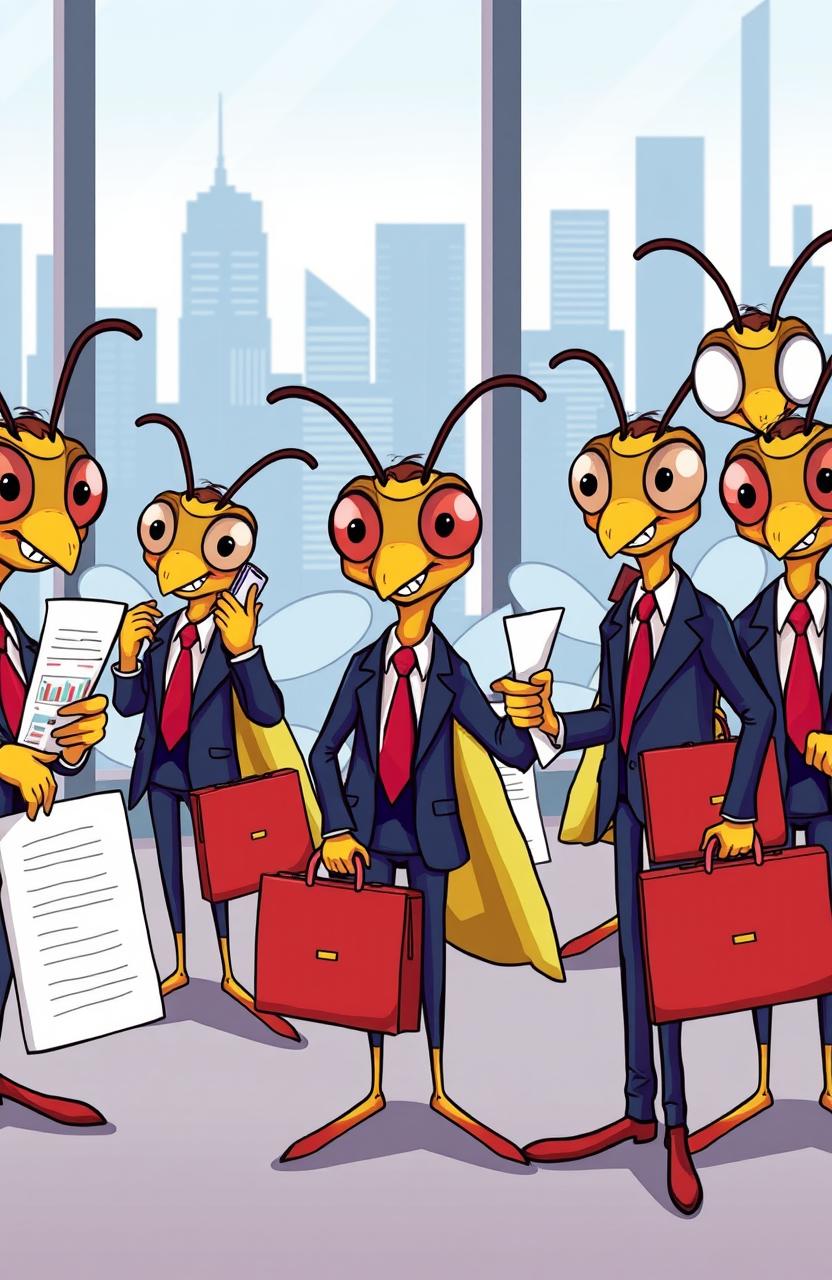 A vibrant and humorous illustration featuring a group of cartoon-style mosquitos dressed as business people