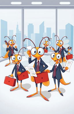 A vibrant and humorous illustration featuring a group of cartoon-style mosquitos dressed as business people