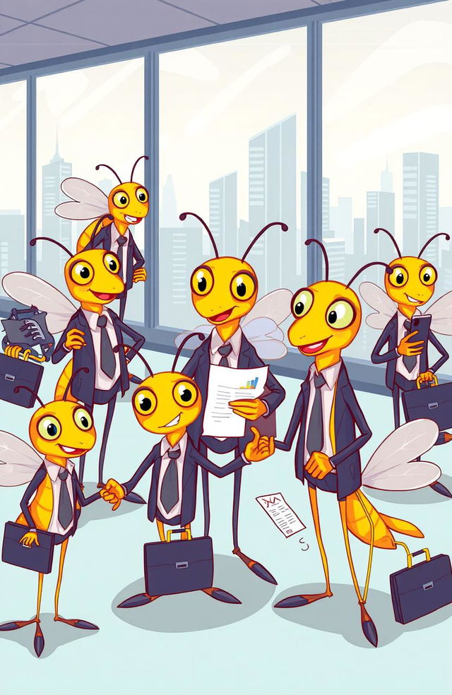 A vibrant and humorous illustration featuring a group of cartoon-style mosquitos dressed as business people