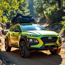 An adventurous off-road scene showcasing a striking 2020 Lime Green Hyundai Kona, featuring bold black wide-body fenders that enhance its rugged aesthetic