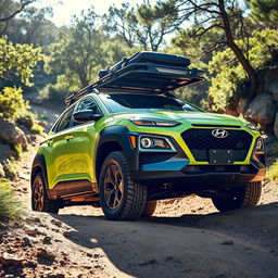 An adventurous off-road scene showcasing a striking 2020 Lime Green Hyundai Kona, featuring bold black wide-body fenders that enhance its rugged aesthetic
