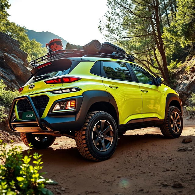 An adventurous off-road scene showcasing a striking 2020 Lime Green Hyundai Kona, featuring bold black wide-body fenders that enhance its rugged aesthetic