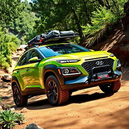 An adventurous off-road scene showcasing a striking 2020 Lime Green Hyundai Kona, featuring bold black wide-body fenders that enhance its rugged aesthetic
