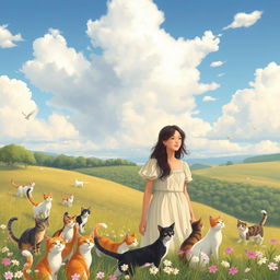 An enchanting pastoral setting illustrated with several cats roaming freely under a perfect sky filled with soft, fluffy clouds