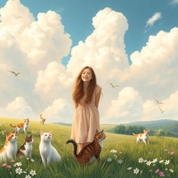 An enchanting pastoral setting illustrated with several cats roaming freely under a perfect sky filled with soft, fluffy clouds