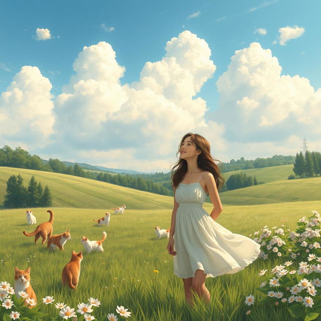 An enchanting pastoral setting illustrated with several cats roaming freely under a perfect sky filled with soft, fluffy clouds