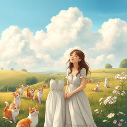 An enchanting pastoral setting illustrated with several cats roaming freely under a perfect sky filled with soft, fluffy clouds