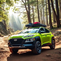 An adventurous off-road scene featuring a bold 2020 Lime Green Hyundai Kona, distinguished by its eye-catching black wide-body fenders