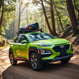 An adventurous off-road scene featuring a bold 2020 Lime Green Hyundai Kona, distinguished by its eye-catching black wide-body fenders