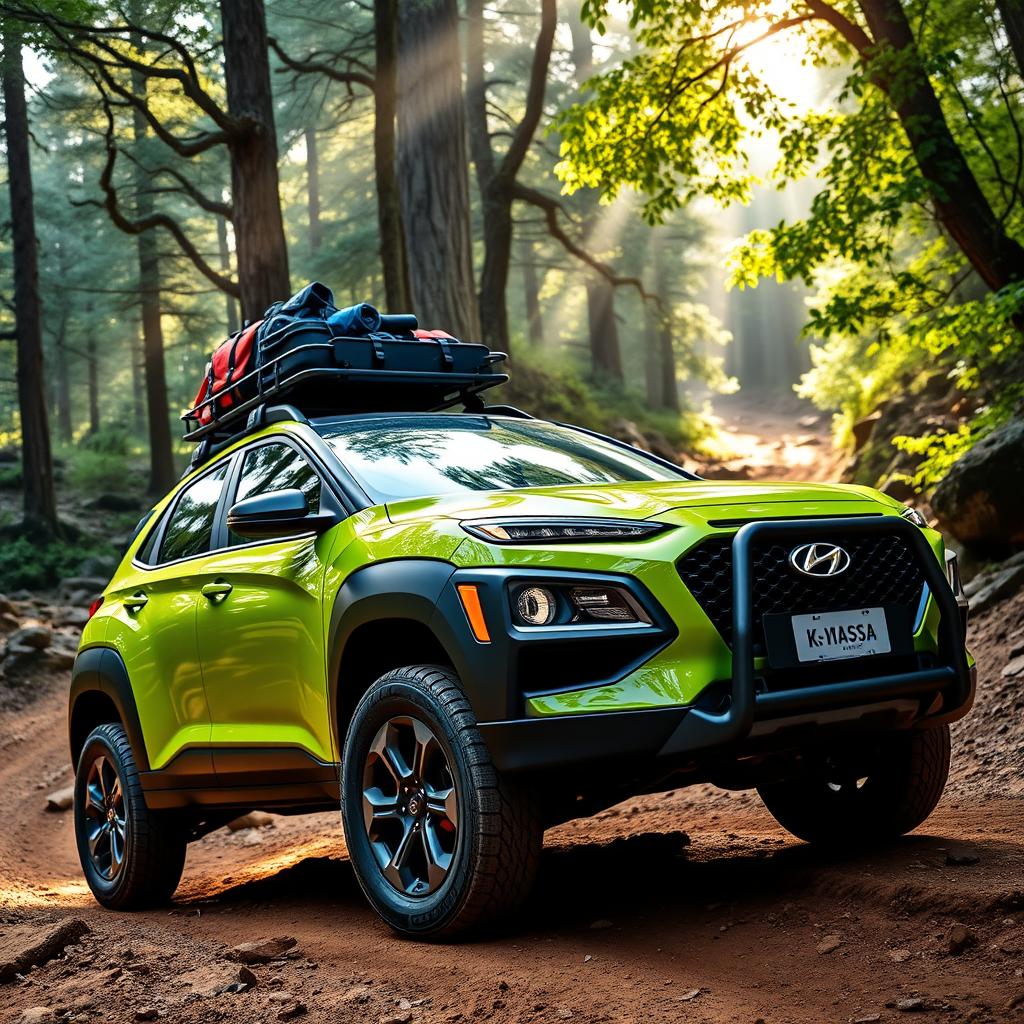 An adventurous off-road scene featuring a bold 2020 Lime Green Hyundai Kona, distinguished by its eye-catching black wide-body fenders