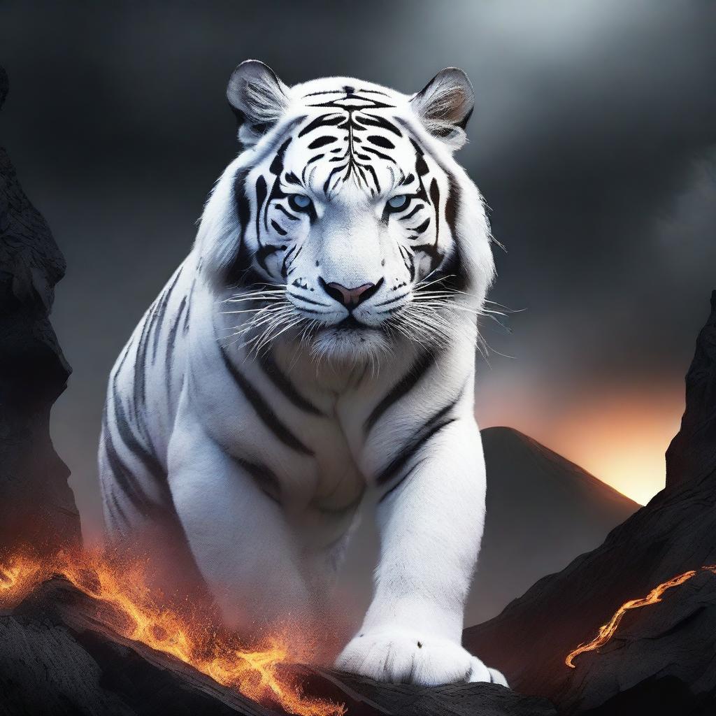 Generate an image of a breathtaking white tiger, its form composed of ash-white lava