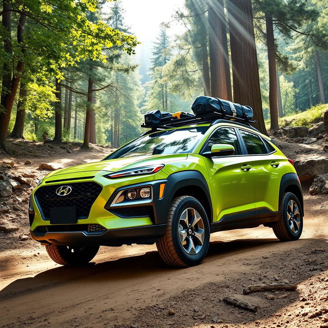 An adventurous off-road scene featuring a bold 2020 Lime Green Hyundai Kona, distinguished by its eye-catching black wide-body fenders