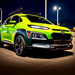 A lowered 2020 Hyundai Kona in a vibrant lime green color, showcasing its sporty design