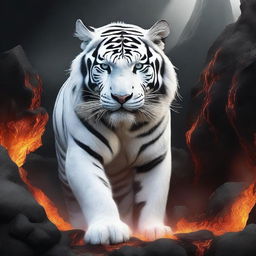 Generate an image of a breathtaking white tiger, its form composed of ash-white lava