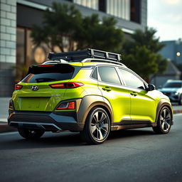 A lowered 2020 Hyundai Kona in a vibrant lime green color, showcasing its sporty design