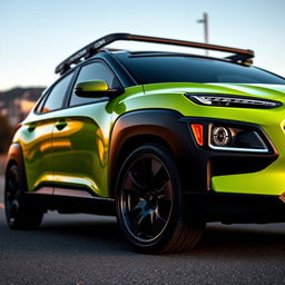 A lowered 2020 Hyundai Kona in a vibrant lime green color, showcasing its sporty design