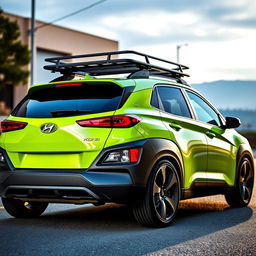 A lowered 2020 Hyundai Kona in a vibrant lime green color, showcasing its sporty design