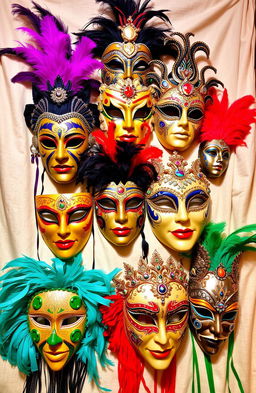 A vibrant and colorful display of various artistic masks, ranging from tribal designs to elegant Venetian styles, arranged beautifully on a soft fabric background