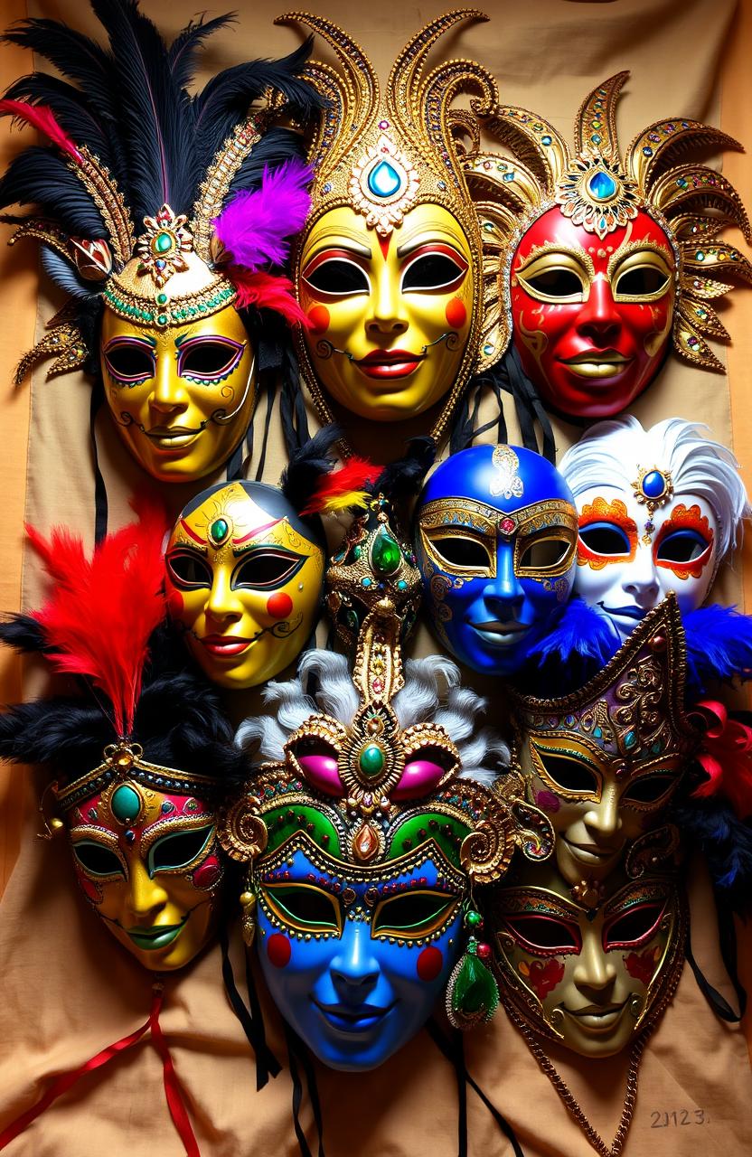 A vibrant and colorful display of various artistic masks, ranging from tribal designs to elegant Venetian styles, arranged beautifully on a soft fabric background