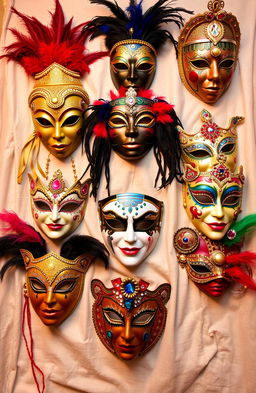A vibrant and colorful display of various artistic masks, ranging from tribal designs to elegant Venetian styles, arranged beautifully on a soft fabric background