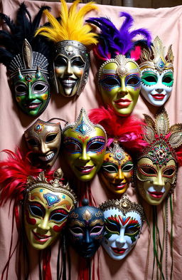 A vibrant and colorful display of various artistic masks, ranging from tribal designs to elegant Venetian styles, arranged beautifully on a soft fabric background