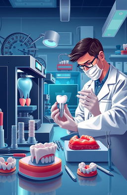 A detailed and vibrant illustration depicting the use of 3D printing technology in periodontics