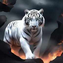 Generate an image of a breathtaking white tiger, its form composed of ash-white lava