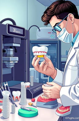 A detailed and vibrant illustration depicting the use of 3D printing technology in periodontics