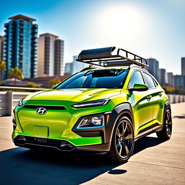 A stylish and sporty scene featuring a lowered 2020 lime green Hyundai Kona, showcasing its sleek design