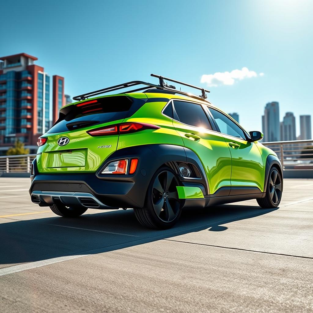 A stylish and sporty scene featuring a lowered 2020 lime green Hyundai Kona, showcasing its sleek design