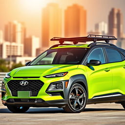 A stylish and sporty scene featuring a lowered 2020 lime green Hyundai Kona, showcasing its sleek design