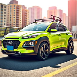 A stylish and sporty scene featuring a lowered 2020 lime green Hyundai Kona, showcasing its sleek design