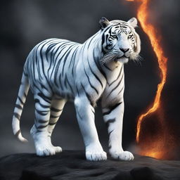 Generate an image of a breathtaking white tiger, its form composed of ash-white lava