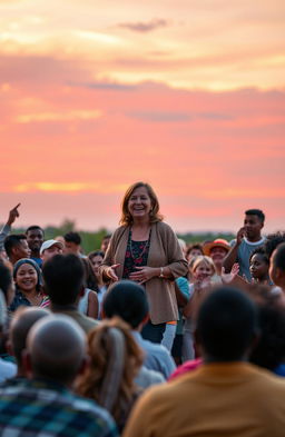 A dynamic and inspiring scene showcasing a diverse group of people engaged in a motivational speech outdoors